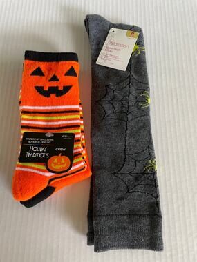 2 PAIR SPIDER WEBS PUMPKIN HALLOWEEN SOCKS NEW
